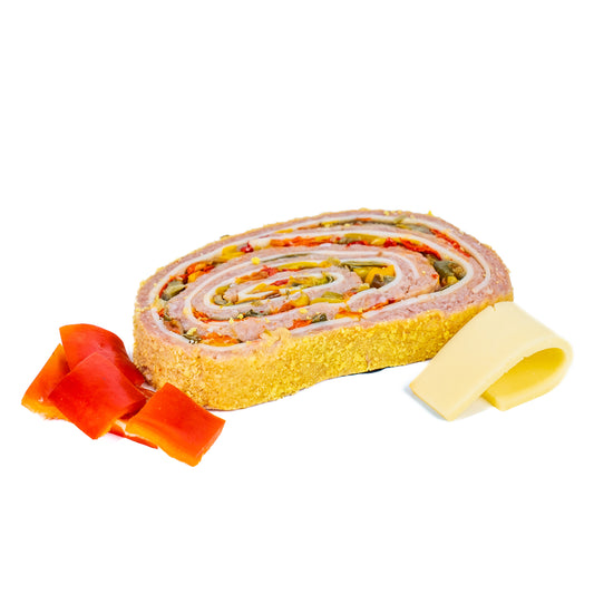 Fetta di polpettone di pollo con peperoni e provola