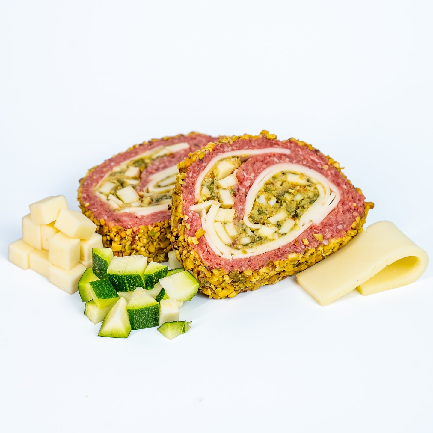 Fetta di polpettone di scottona con zucchine, pistacchio, provolone del monaco e provola