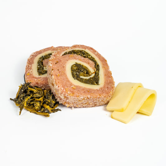 Fetta di polpettone di pollo con broccoli e provola.