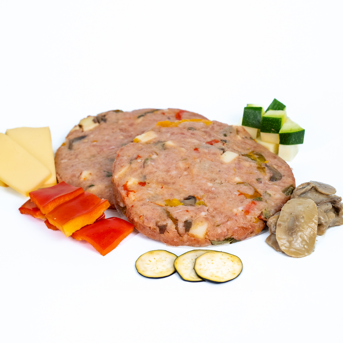 Hamburger di pollo con peperoni, funghi, zucchine e provola