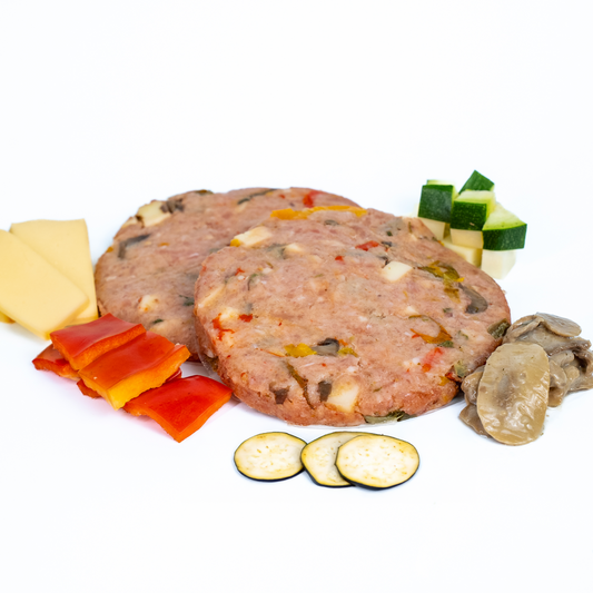 Hamburger di pollo con peperoni, funghi, zucchine e provola